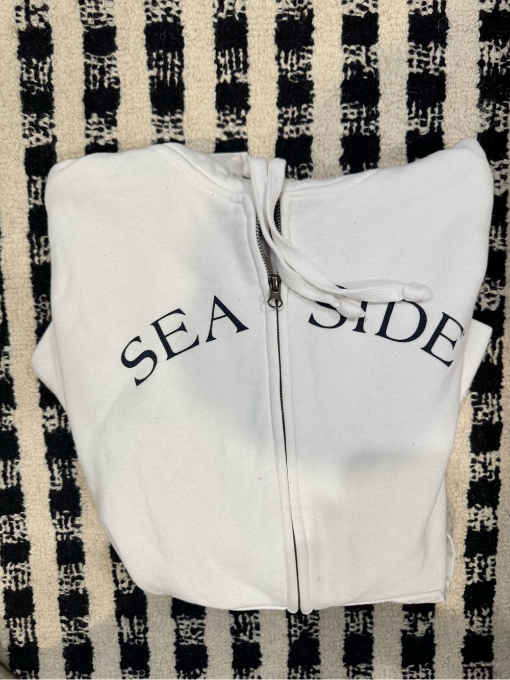 White SEA SIDE Zip-Up Hoodie with Navy Lettering